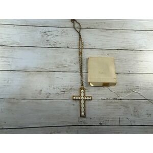 Vintage Beeline Gold Tone Cross Pendant Necklace Cream Geometric 3471 with Box